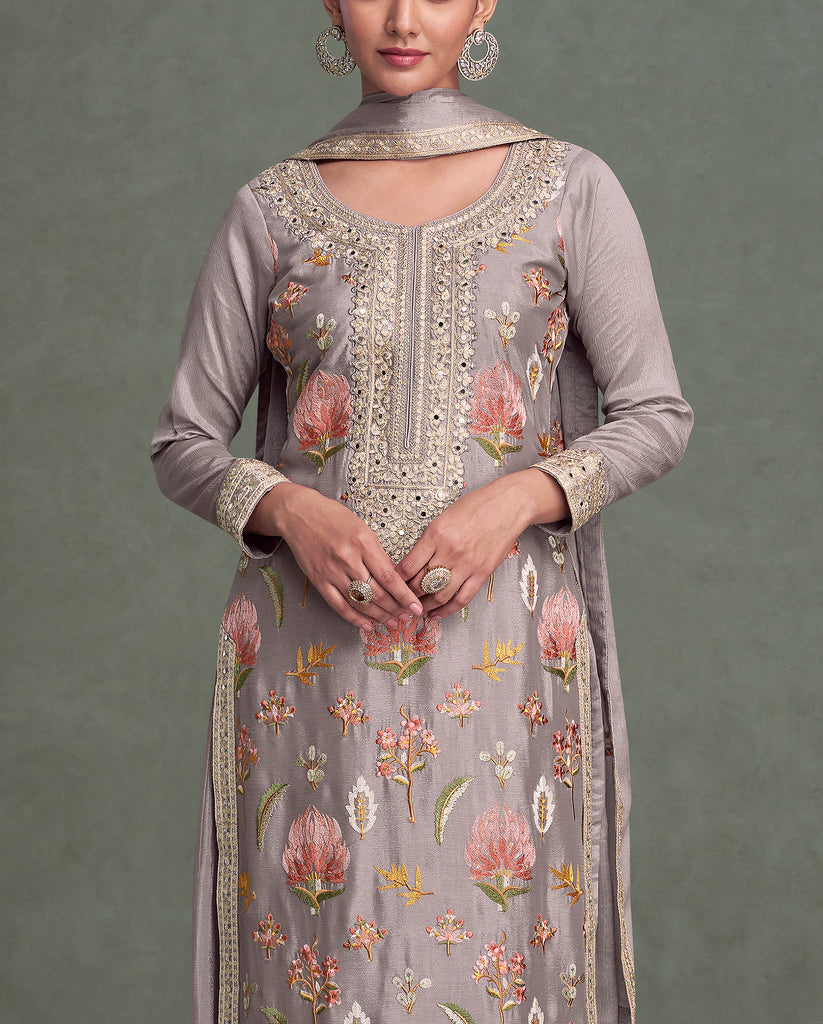 Mauve Gray Designer Embroidered Premium Chinon Silk Party Wear Palazzo Suit-Saira's Boutique