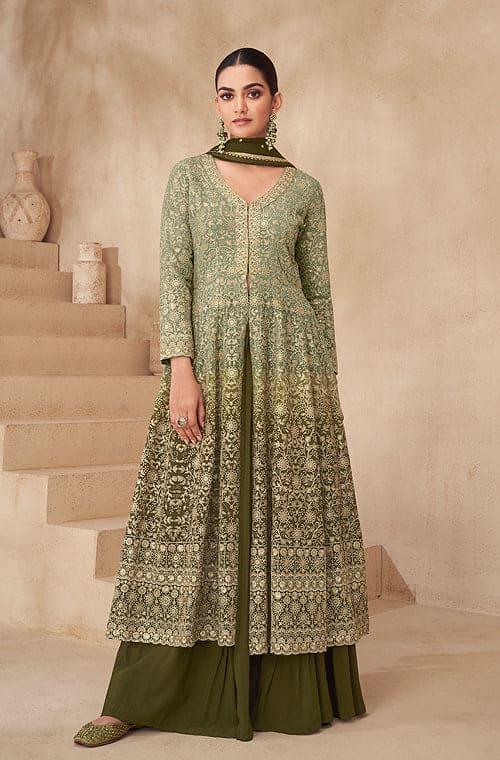 Mehendi Green Designer Embroidered Wedding Sharara Suit
