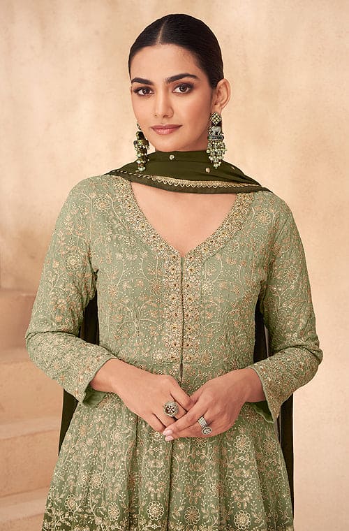 Mehendi Green Designer Embroidered Wedding Sharara Suit-Saira's Boutique