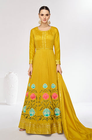 Sage Green Designer Heavy Embroidered Georgette Anarkali Gown