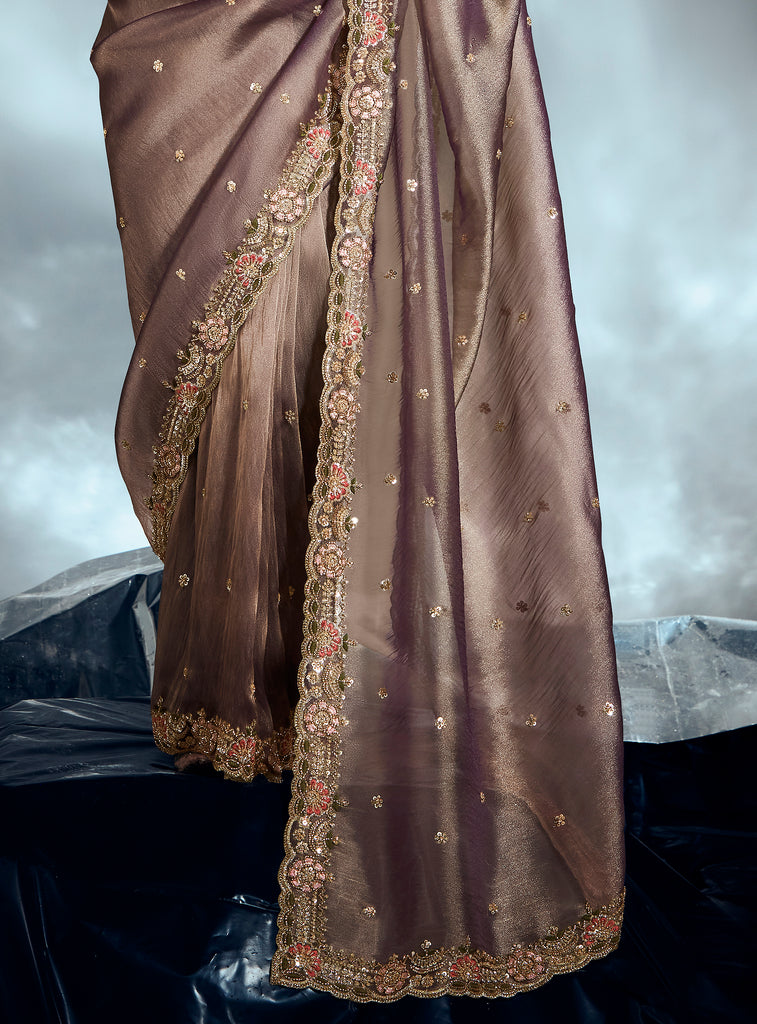 Metallic Taupe Designer Embroidered Tissue Organza Wedding Party Wear Saree-Saira's Boutique