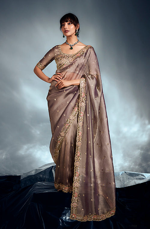 Metallic Taupe Designer Embroidered Tissue Organza Wedding Party Wear Saree