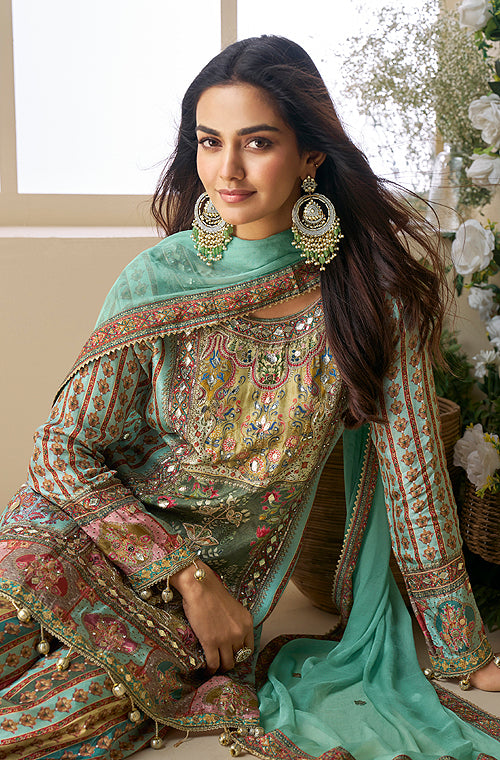 Mint Green Beige Designer Embroidered Pure Crepe Silk Party Wear Gharara Suit-Saira's Boutique