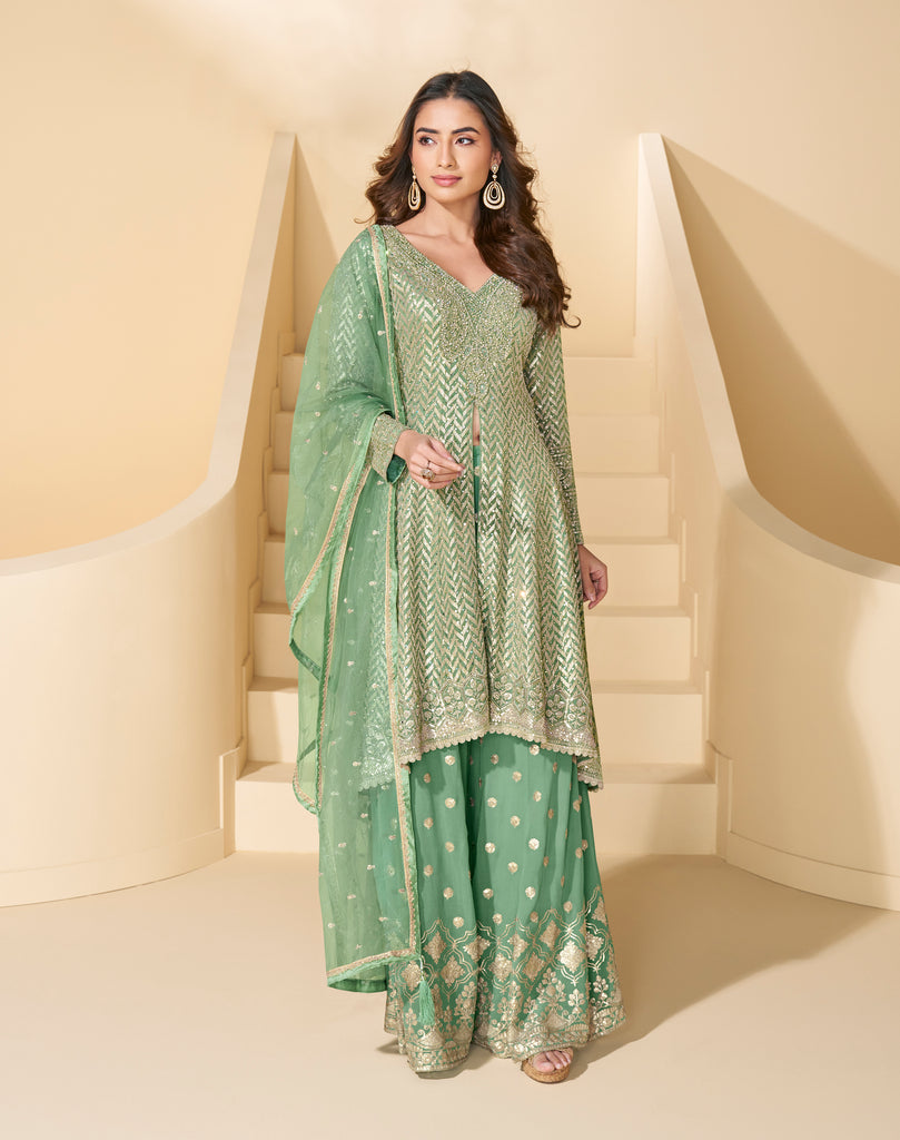 Mint Green Designer Embroidered Pure Georgette Wedding Palazzo Suit-Saira's Boutique