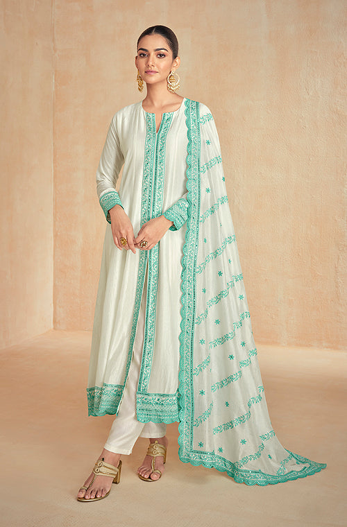 Mint Green & Off White Designer Embroidered Premium Silk Salwar Suit