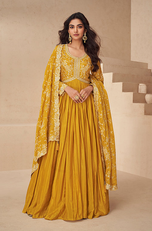 Mustard Designer Embroidered Chinon Silk Party Wear Anarkali Suit