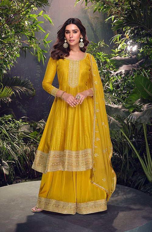 Mustard Designer Embroidered Jacquard Silk Anarkali Style Palazzo Suit
