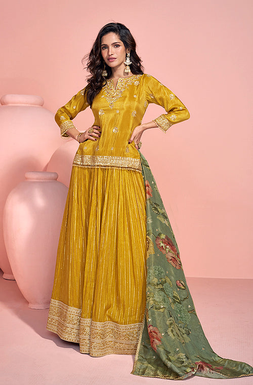 Mustard Designer Embroidered Pure Jacquard Silk Pakistani Style Lehenga
