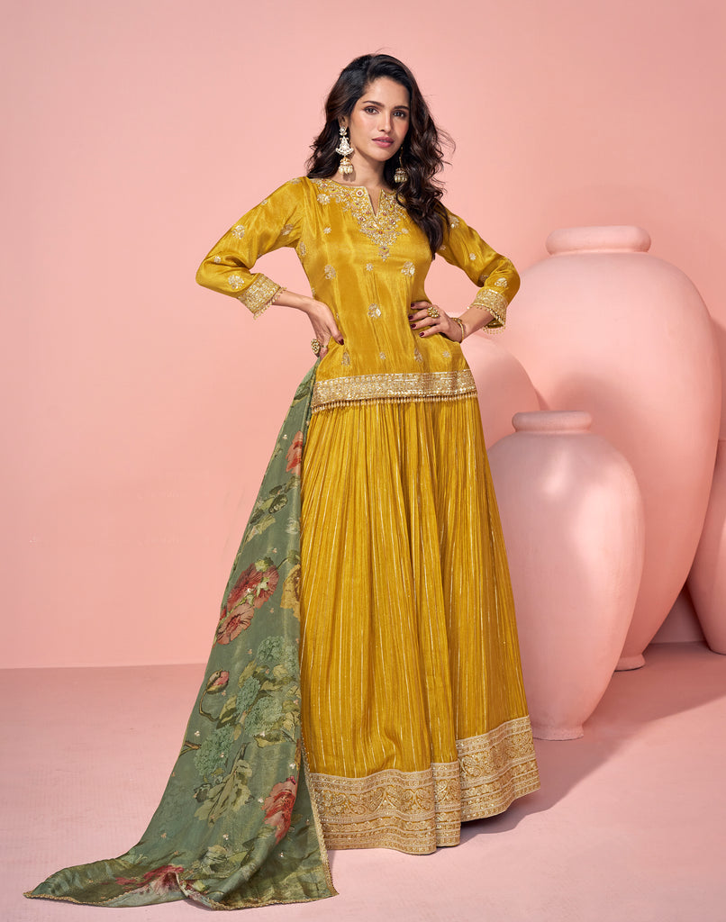 Mustard Designer Embroidered Pure Jacquard Silk Pakistani Style Lehenga-Saira's Boutique