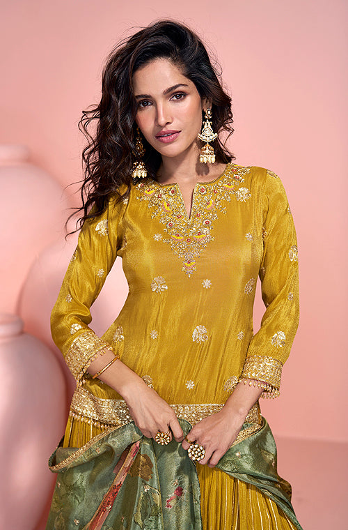 Mustard Designer Embroidered Pure Jacquard Silk Pakistani Style Lehenga-Saira's Boutique