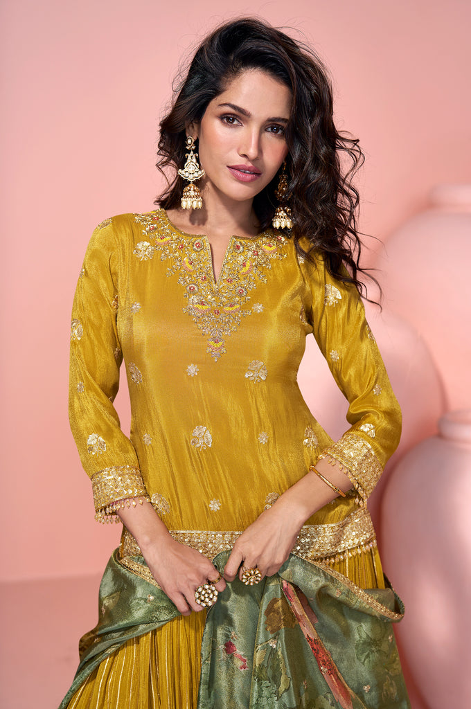 Mustard Designer Embroidered Pure Jacquard Silk Pakistani Style Lehenga-Saira's Boutique