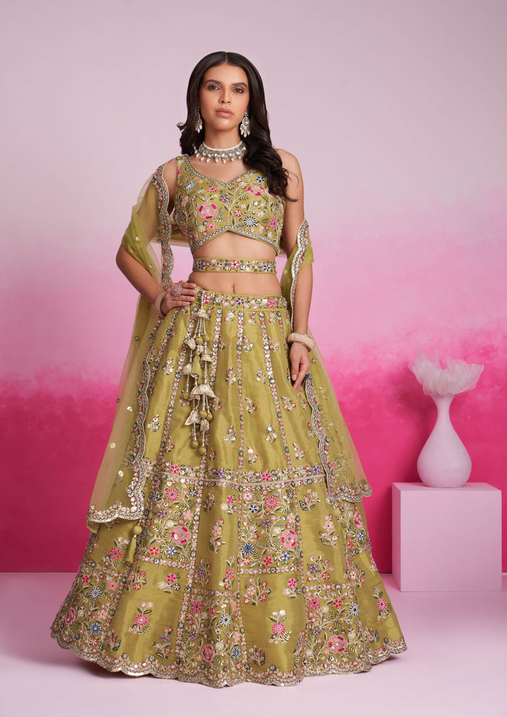 Mustard Designer Embroidered Wedding Bridal Net Lehenga Choli-Saira's Boutique