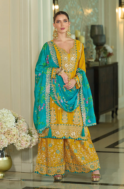 Mustard & Sea Green Designer Embroidered Chinon Silk Wedding Sharara Suit