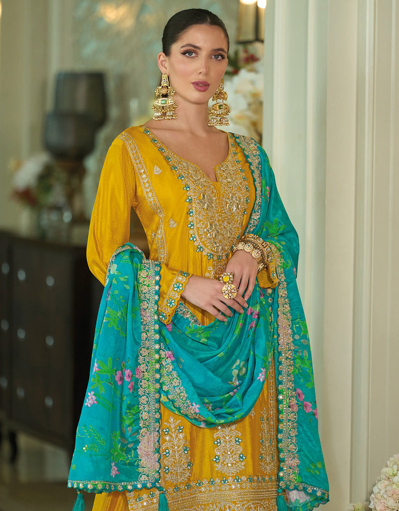 Mustard & Sea Green Designer Embroidered Chinon Silk Wedding Sharara Suit-Saira's Boutique