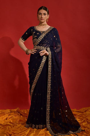 Shimmer Peacock Black Designer Embroidered Silk Wedding Party Wear Saree