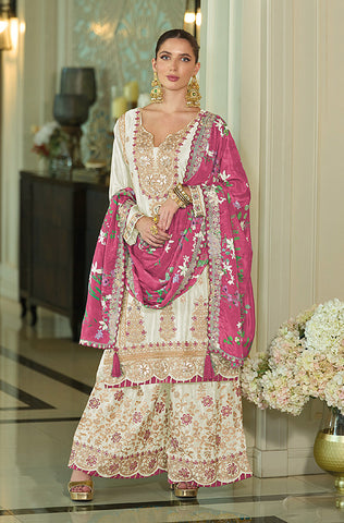 Black Designer Embroidered Chinon Silk Party Wear Palazzo Suit