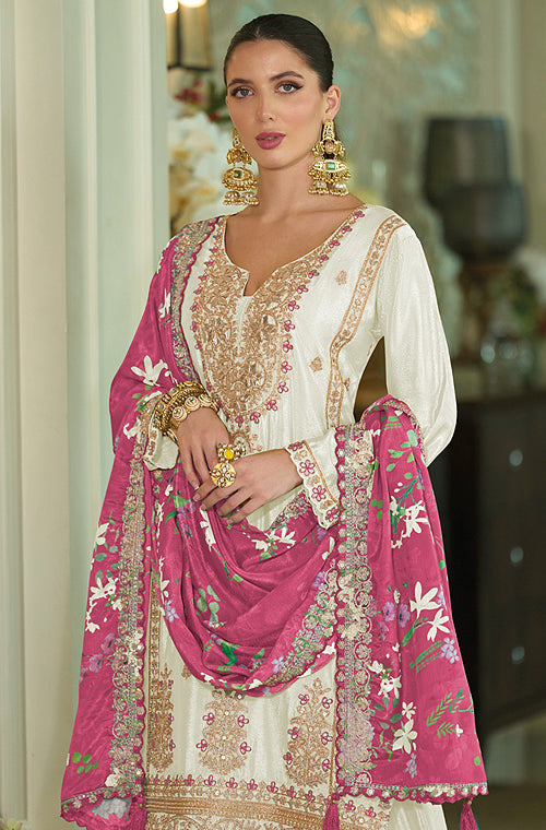 Off White & Magenta Designer Embroidered Chinon Silk Wedding Sharara Suit-Saira's Boutique