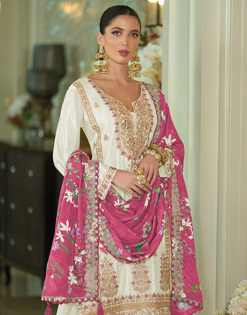 Off White & Magenta Designer Embroidered Chinon Silk Wedding Sharara Suit-Saira's Boutique