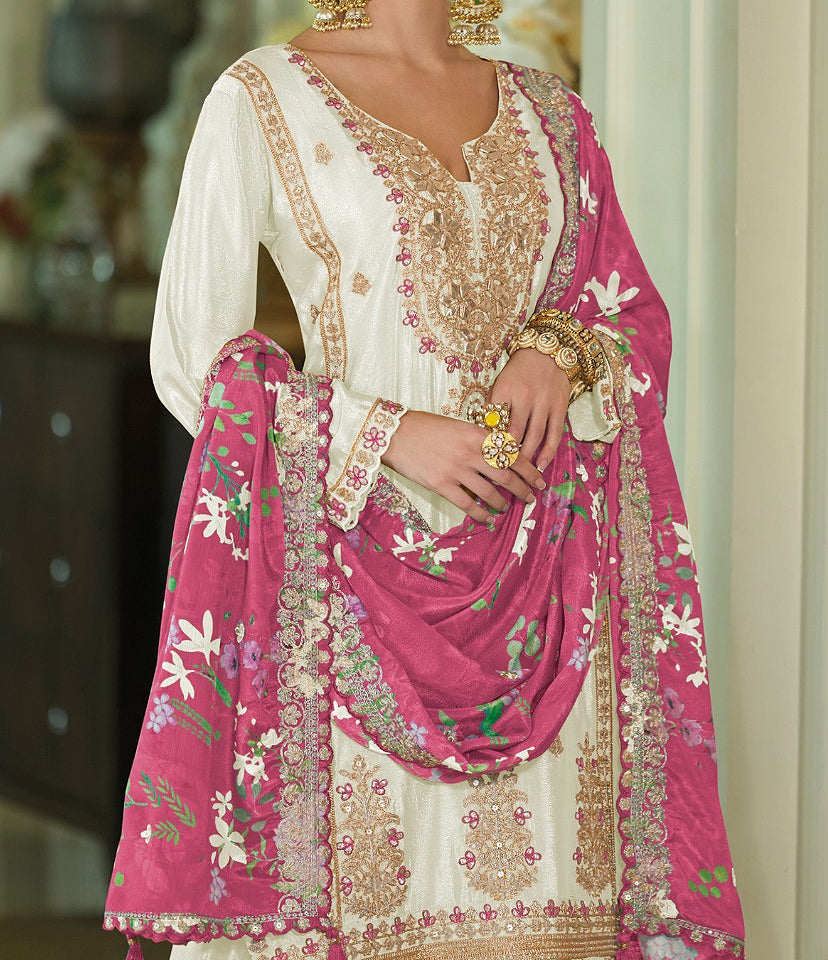 Off White & Magenta Designer Embroidered Chinon Silk Wedding Sharara Suit-Saira's Boutique