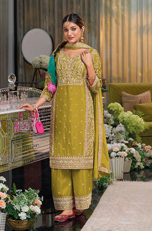 Olive Designer Embroidered Chinon Silk Party Wear Palazzo Suit