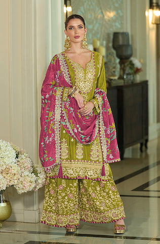 Black Designer Embroidered Chinon Silk Party Wear Palazzo Suit