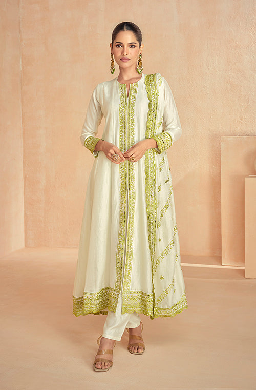 Olive Green & Off White Designer Embroidered Premium Silk Salwar Suit