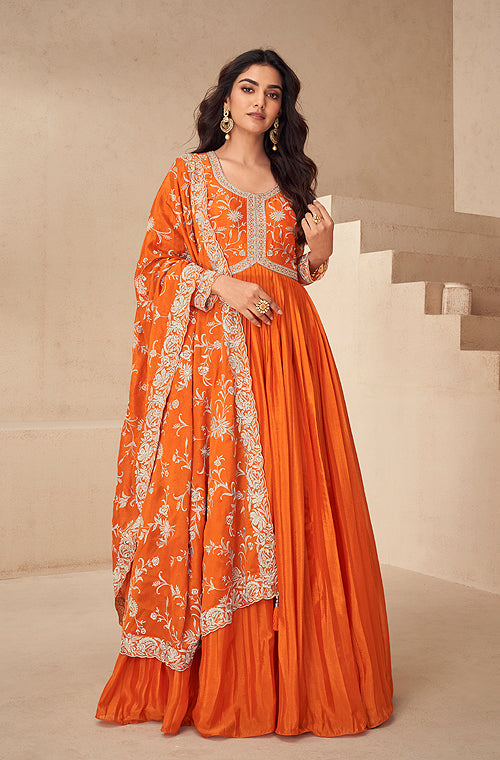 Orange Designer Embroidered Chinon Silk Party Wear Anarkali Suit