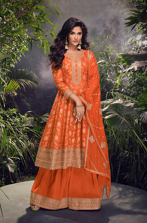 Orange Designer Embroidered Jacquard Silk Anarkali Style Palazzo Suit