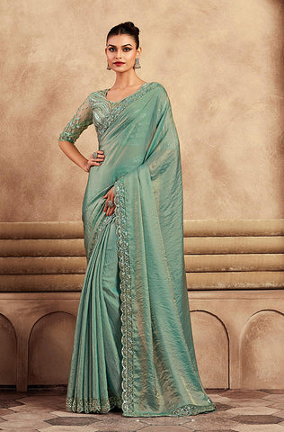 Sky Blue Designer Embroidered Silk Wedding Party Wear Saree