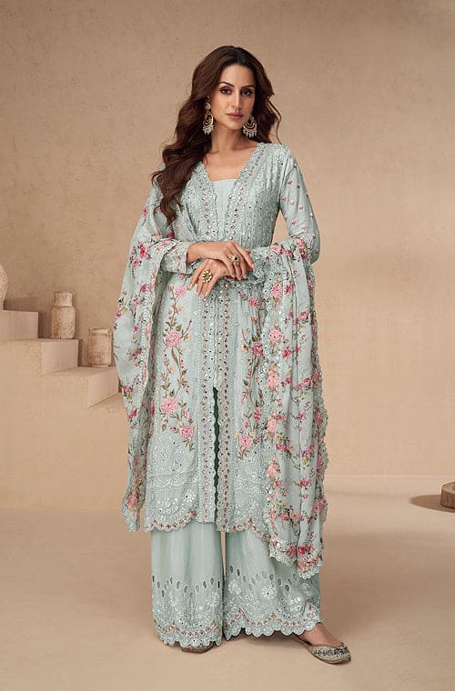 Pale Blue Designer Embroidered Chinon Silk Party Wear Palazzo Suit