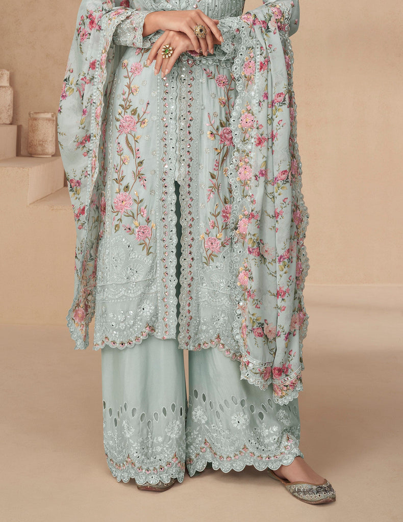 Pale Blue Designer Embroidered Chinon Silk Party Wear Palazzo Suit-Saira's Boutique
