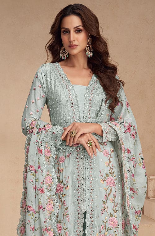 Pale Blue Designer Embroidered Chinon Silk Party Wear Palazzo Suit-Saira's Boutique