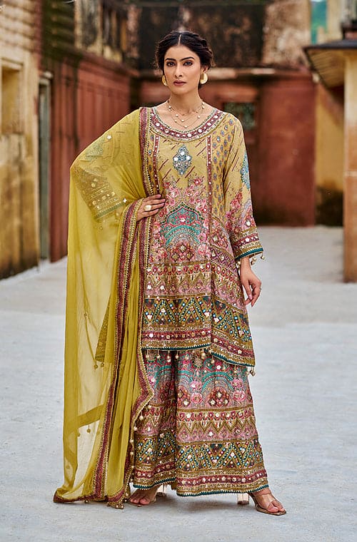 Pale Mustard Designer Embroidered Heavy Chinon Party Wear Sharara Suit