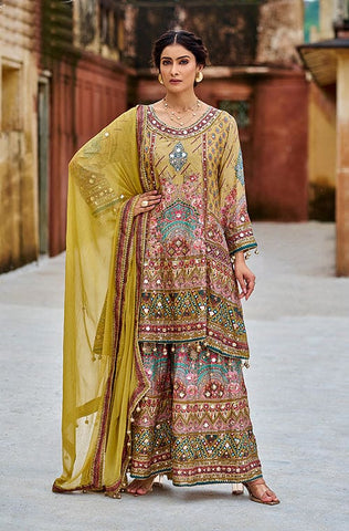 Black Designer Embroidered Chinon Silk Party Wear Palazzo Suit