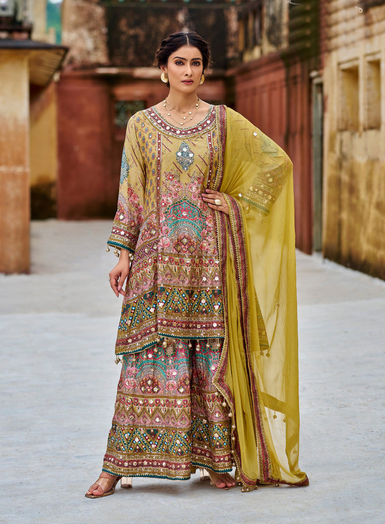 Pale Mustard Designer Embroidered Heavy Chinon Party Wear Sharara Suit-Saira's Boutique