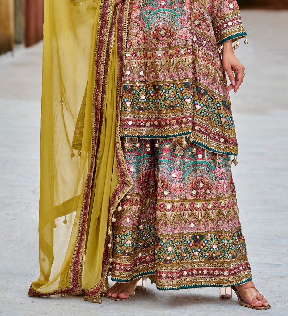 Pale Mustard Designer Embroidered Heavy Chinon Party Wear Sharara Suit-Saira's Boutique