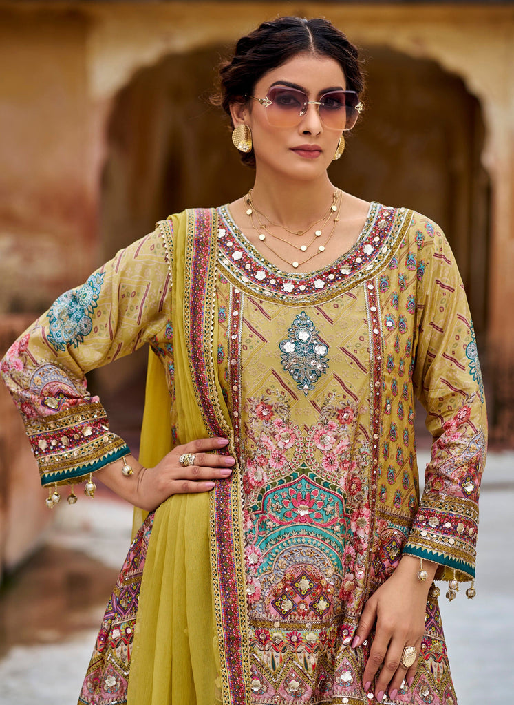 Pale Mustard Designer Embroidered Heavy Chinon Party Wear Sharara Suit-Saira's Boutique