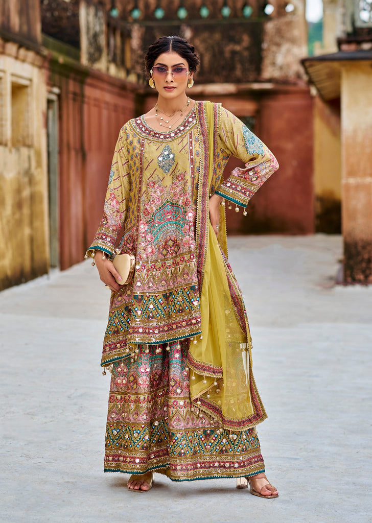 Pale Mustard Designer Embroidered Heavy Chinon Party Wear Sharara Suit-Saira's Boutique