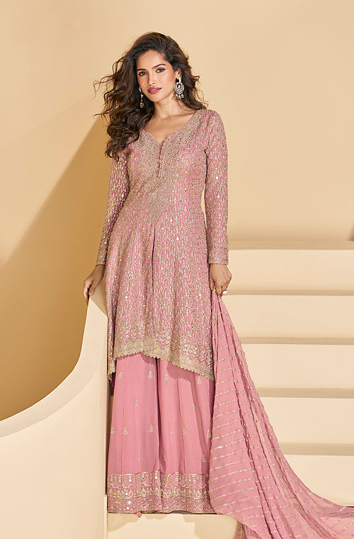Pale Pink Designer Embroidered Pure Georgette Wedding Palazzo Suit
