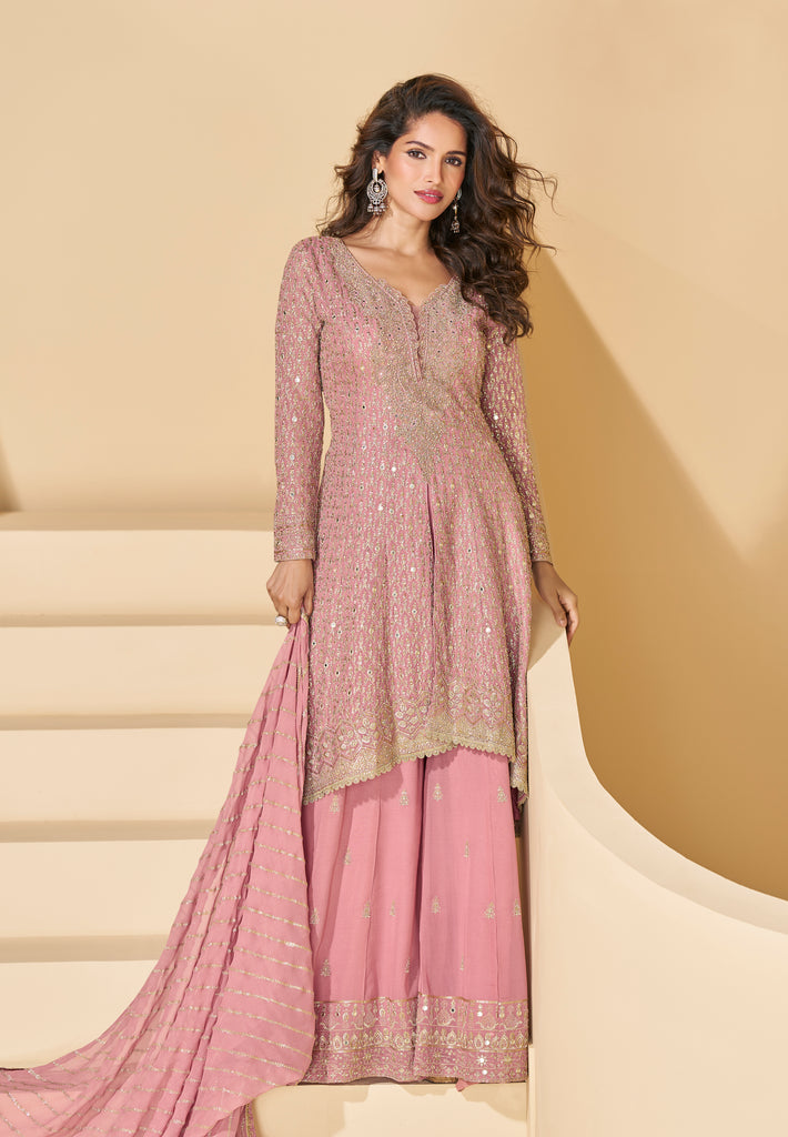 Pale Pink Designer Embroidered Pure Georgette Wedding Palazzo Suit-Saira's Boutique