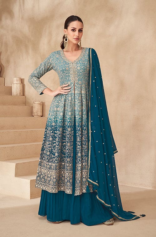 Peacock Blue Designer Embroidered Wedding Sharara Suit