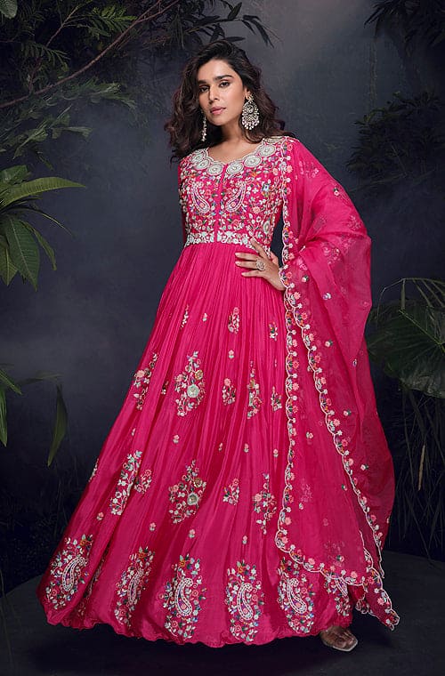 Pink Designer Embroidered Chinon Silk Party Wear Anarkali Suit