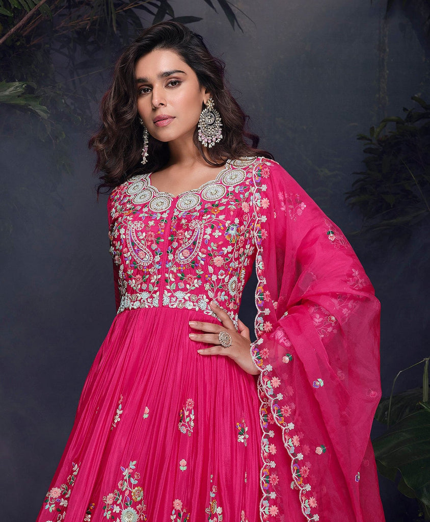 Pink Designer Embroidered Chinon Silk Party Wear Anarkali Suit-Saira's Boutique