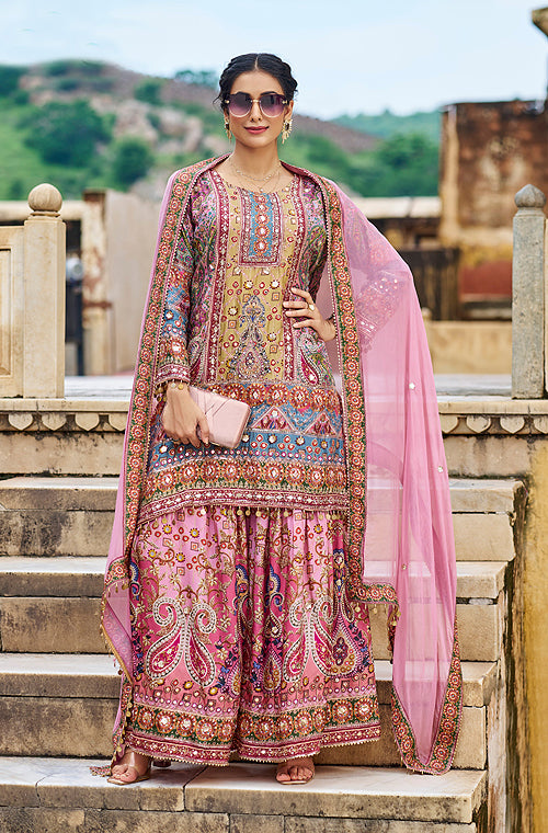Pink Designer Embroidered Heavy Chinon Party Wear Sharara Suit