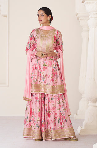 Dusty Taupe Designer Embroidered Silk Wedding Sharara Suit