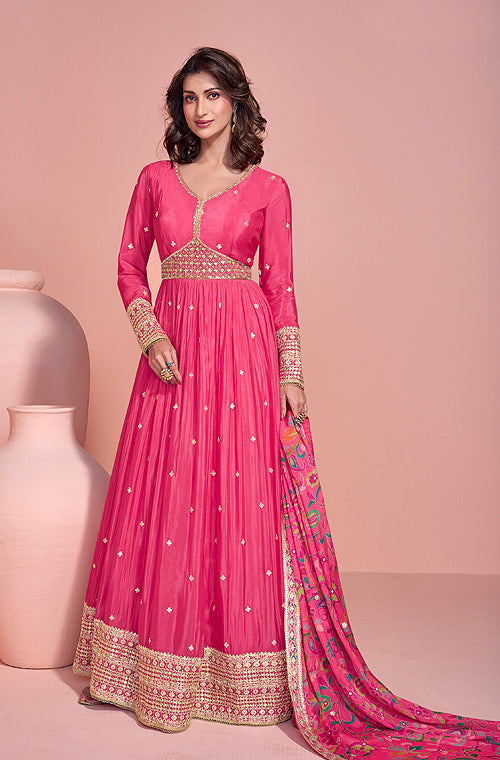 Pink Designer Embroidered Premium Chinon Silk Anarkali Gown