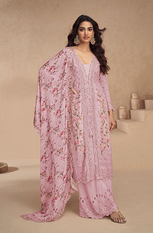 Pink Mauve Designer Embroidered Chinon Silk Party Wear Palazzo Suit