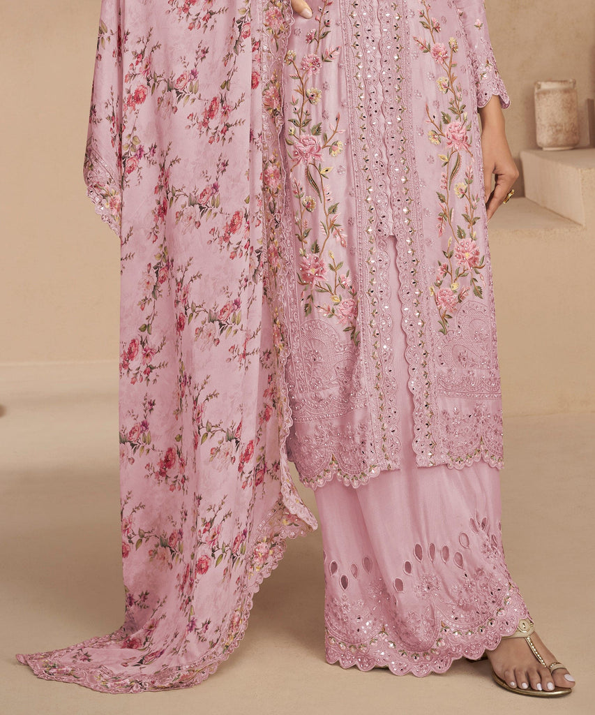 Pink Mauve Designer Embroidered Chinon Silk Party Wear Palazzo Suit-Saira's Boutique