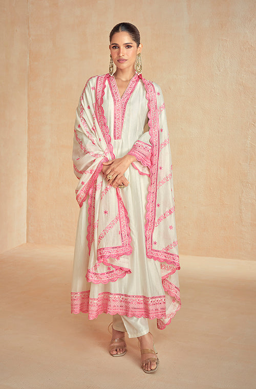 Pink & Off White Designer Embroidered Premium Silk Salwar Suit