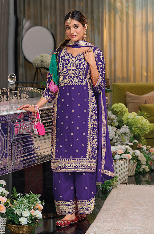 Purple Designer Embroidered Chinon Silk Party Wear Palazzo Suit